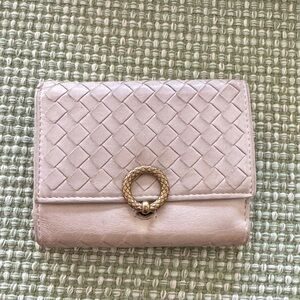 AUTHENTIC Bottega Veneta- Woven Leather Compact Wallet with Gold Ring Accent